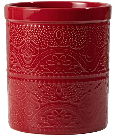 FE FUN ELEMENTS Large Kitchen Utensil Holder, 7.2'' Heavy and Stable Lace Emboss Ceramic Crock for Countertop (Red)