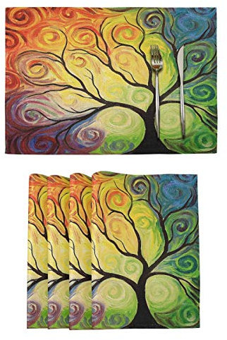 Colorful Tree of Life Placemats Tables Mats Set of 6 for Kitchen Dining Spring Watercolor Art Painting Tree Life Double Sided Tablemats Place Mats Farmhouse Tablemats for Holiday Wedding Party Home