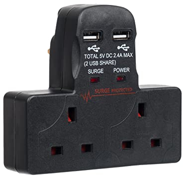 Invero 2 Way Gang Cable-Free Multi-Plug 13A Wall Socket Adaptor with 2x USB Charging Ports 2.4A - Surge Protected - Neon Indicator - Black