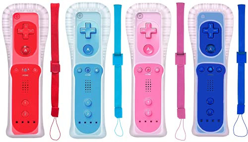 PGYFDAL - Juego de 2 mandos inalámbricos clásicos compatibles con consola Wii U, mando de juego con funda de silicona suave y correa de muñeca (rojo + azul + rosa + azul oscuro)