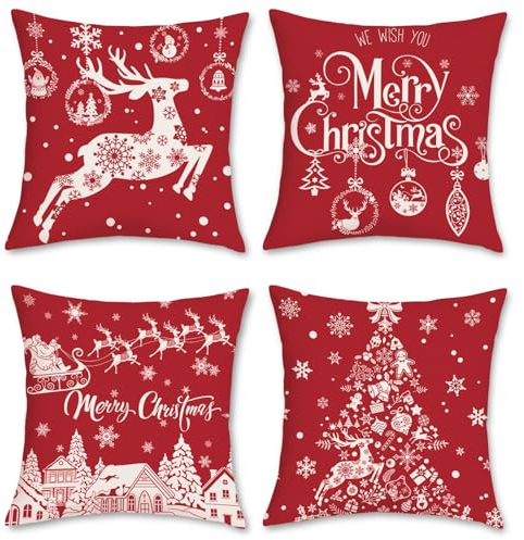 Bonhause Kissenbezüge Weihnachten 45 x 45 cm, 4 Stück Doppelseitig Rentier Polyester Leinen Dekorative Weihnachten Kissenhülle Rot Weihnachtskissenbezug für Sofa Weihnachts Dekor