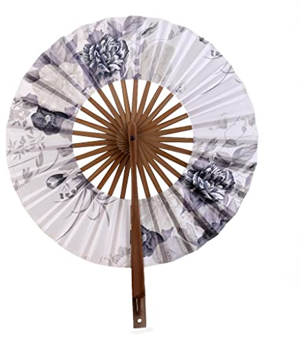 Tiuimk Japanese Fan Art Deco Round Silk Fabric Bamboo Fan Foldable Hand For Women Wedding Party Home Decorations White