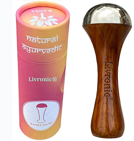 Livronic Ayurveda Kansa Baguette de massage des pieds pour le visage Acupoint Kansa avec poignée en bois de teck pour détoxification et relaxation profonde Marron