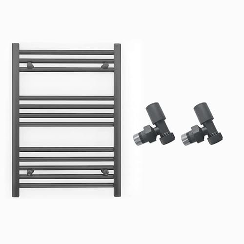 Myhomeware 550mm Wide Straight Anthracite Grey Heated Bathroom Towel Rail Radiator With Valves For Central Heating UK (With Angled Valves, 550 x 700 mm (h))