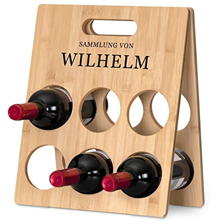 Maverton Deko Flaschenhalter mit Aufdruck, Holz Weinregal für 6 Flaschen | Weinständer aus Bambusholz freistehend, Wein Zubehör, Weinhalter zum Geburtstag für Männer, Sammlung