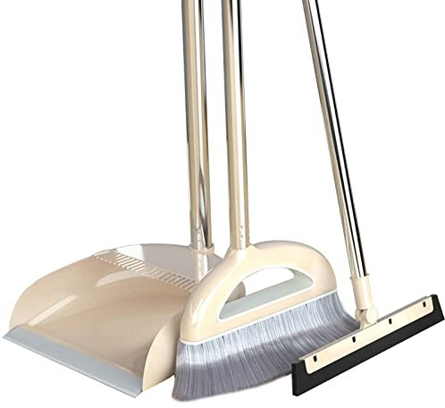 Juego de escoba y recogedor con combo de escobillas de goma 3 en 1 para Room Office Lobby Clean, Barrido de porches Barrido exterior, Combo de escoba y recogedor,Beige