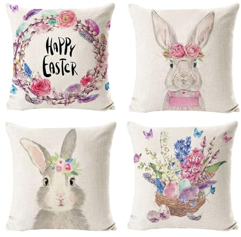 KOIROI 4 Stück Kissenbezug Ostern, Kissenhülle Ostern 45x45, Osterdeko Leinen Kissenhülle, Osterhase Kissenhülle, Kissenbezug Frühling für Ostern Deko Zimmer Deko Couch Wohnzimmer Deko
