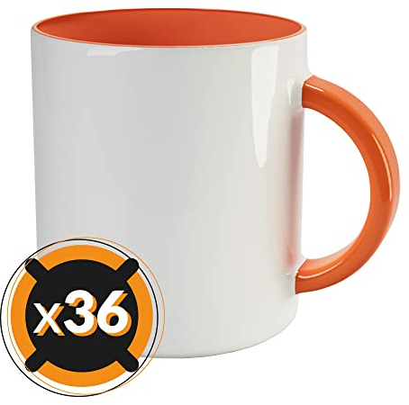 PixColor Lot de 36 tasses à sublimation en céramique blanche avec intérieur orange | 350 ml de capacité (11 oz) | AAA | Passe au micro-ondes et au lave-vaisselle