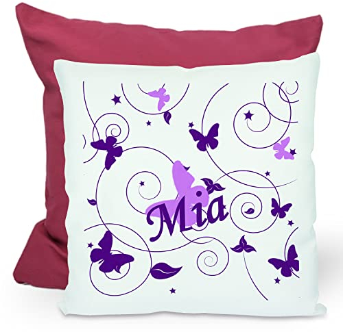 CreaDesign, Kinder Kissen 40x40 cm personalisiert mit Namen, Kinderzimmer Deko Kissen Kinder mit Füllung Federn, Motiv Schmetterling Flieder lila, Rückenfarbe Lila