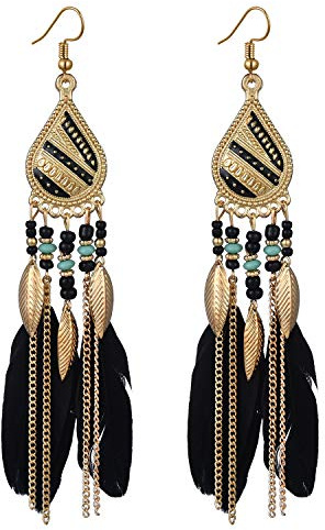fdsmall Earrings Faux Feather Earrings Bohemian Fringe Tassel Long Drop Dangle Earrings Jewelry Long Vintage Dangle Earrings for Women's (black)