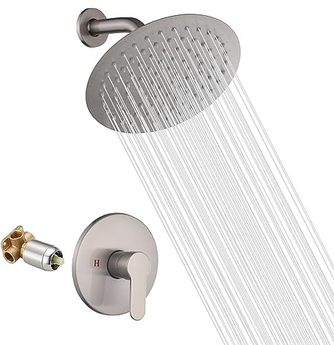 GGStudy Duscharmatur aus gebürstetem Nickel, Einzelfunktion, Duschverkleidungsset mit grobem Ventil, Duschset, Badewanne, Regendusche, Wasserhahnsystem, 20,3 cm, runder Edelstahl-Metall-Duschkopf