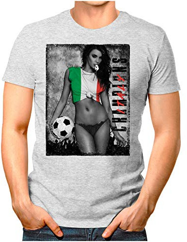 OM3 - Italy-Champions - Herren T-Shirt mit Länderflagge Ländershirt Fan Sexy Girl Frau Fußball Trikot Italien Italia Vintage Grau Meliert L