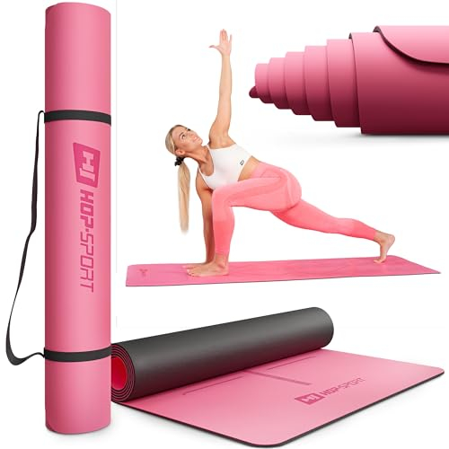 Hop-Sport Yoga Matte - rutschfest und langlebig, Pilatesmatte aus Kautschuk, 183 x 68 cm, Gymnastikmatte 0,5 cm + Tragegurt - Rosa