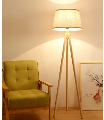PADMA Stehlampe Wohnzimmer, LED Stehlampe Holz, Leselampe Lampenschirm Stehlampe Vintage mit E27 Glühbirne, Skandinavischer Stil Stehleuchte für Schlafzimmer, Bettseite, Arbeitszimmer