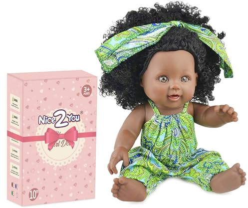 Nice2you 10 Zoll Schwarze Puppe für Mädchen, 25cm Afrikanische Babypuppe mit lockigem Haar, Puppen Spielzeug für Kinder Alter 2 3 4 5 Jahre, Reborn Baby Doll mit Mode Dressing(grün)
