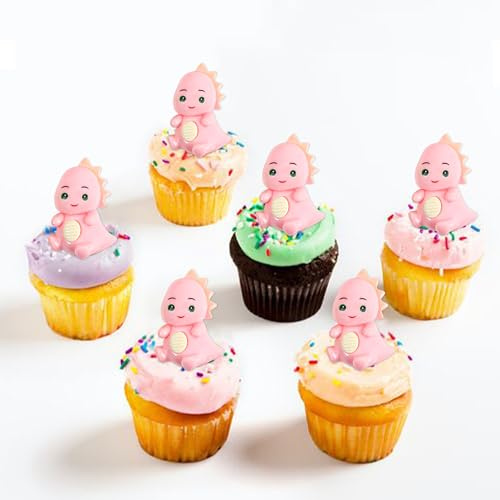 Pack of 4 Pink Cartoon Dinosaur Cupcake Toppers 3D Cartoon Dinosaur Toy Cake Decoration Picks Baby Shower Birthday Party Cake Decorations Supplies