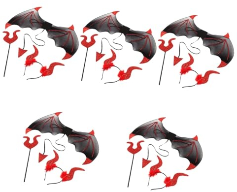 BESTonZON 5 Sätze Teufelsflügel Dekorative Haargummis Make-up-Stirnband Haarspangen Aus Teufelshorn Stirnband Aus Horn Halloween-Teufel-Accessoire Haarband Rot Kopfbedeckung Plastik Bilden