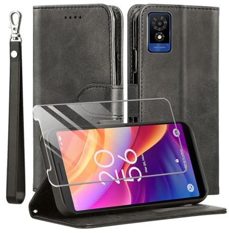 MQERYBV for TCL 501 Case and 1 Tempered Glass Screen Protector, Leather Wallet Phone Case with Card Slots Magnetic Closure Kickstand Protective Cover for TCL 501 - Black