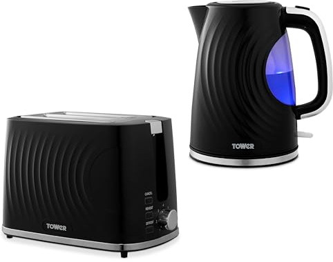 Tower Sonar 1.7L 3KW Kettle & 2 Slice Toaster in Black with Chrome Accents. Matching Textured Kettle & Toaster Set with Stylish Ripple Design, T10083BLK T20090BLK