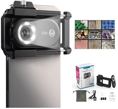 【2024 Upgraded】 DALYANGDA Handy-Mikroskopobjektiv, Nano-Zoom, 200-fach für iPhone, Nanozoom für iPhone, Nanozoom 200-fache Vergrößerung, Nanosight x200, 12 LED-Modi, CPL-Objektiv, stabil (schwarz)