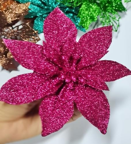 YYCRAFT Lot de 12 fleurs poinsettia à paillettes de 15,2 cm pour décorations de sapin de Noël, rose vif