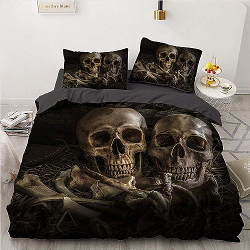 YASMENG Housse de Couette Tête de Mort 140x200 Gothique 3D Motif Crâne Parure de Lit Tête de Doux Skull Linge de Lit 1 Personne avec Fermeture Éclair et Taie d'oreiller 65x65 cm