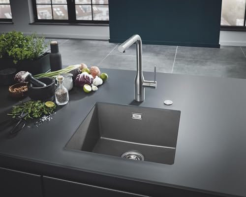 GROHE Kitchen Set of Essence Tap & K700U Sink – (Granite Gray Quartz Composite Kitchen Sink Undermounted 1 bowl 417x366x203mm Full Size 457x406mm, Steel Pull Out Kitchen Tap Size 348mm Tails 3/8 Inch)
