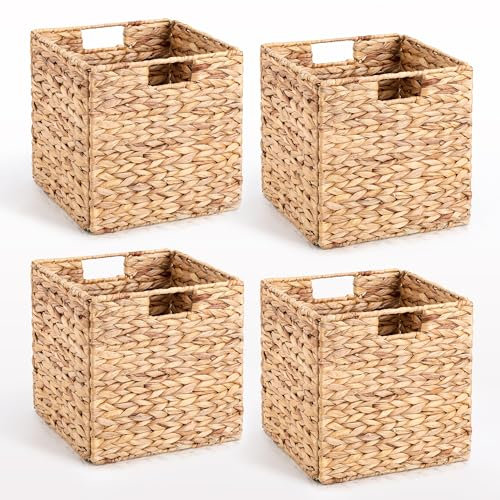 10.5 x 10.5in Storage Baskets Wicker, Cube Foldable Hyacinth Baskets Set of 4 for Storage and Organization, Water Hyacinth Storage Baskets for Shelves, Living Room