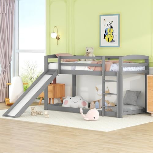 KOMHTOM Lit Superposé avec Escaliers et Toboggan Lit d'enfant avec Sommier à Lattes en Bois, pour Enfants et Adolescents, Cadre de Lit, Chambres à Coucher(sans Matelas) (Gris)