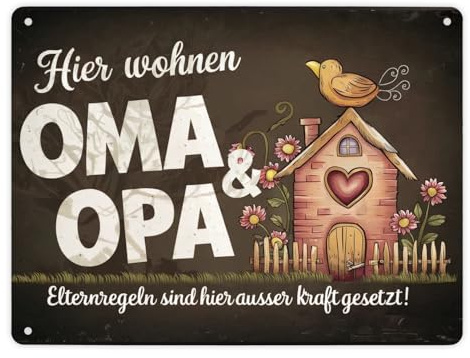 Hier wohnen Oma und Opa - Metallschild XL in 21x28 cm - Elternregeln außer Kraft Ein Zuhause für Großeltern Dunkle Töne für eine elegante Note