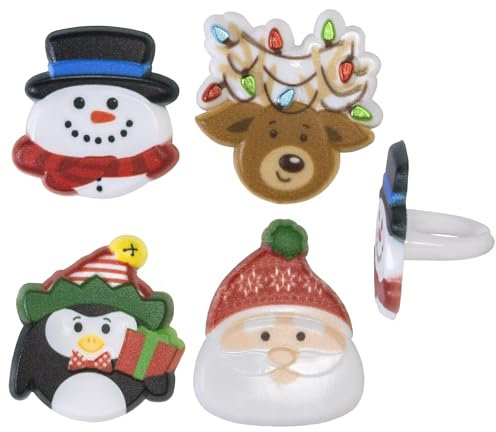 Culpitt Holiday Icons Rings, Christmas Cupcake Decorations, Snowman, Santa, Rudolph Penguin, Multi-Coloured Cupcake Toppers – 24 Pack