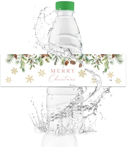 URROMA Wasserflaschen-Etiketten mit Aufschrift Merry Christmas, Heißprägung, Schneeflocke, Wasserflaschen-Aufkleber, wasserdicht, 50 Stück
