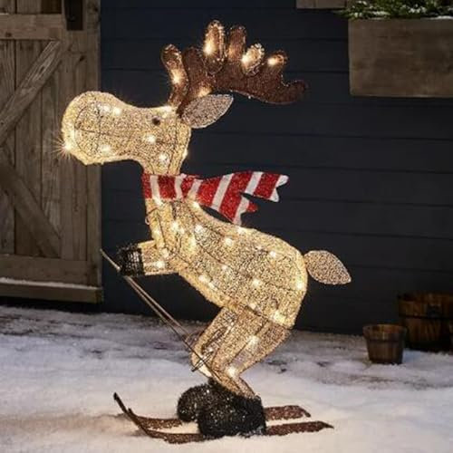 Lighted Christmas Decorations, Outdoor Reindeer with LED Lights, Glittering Deer Festival Decoration for Yard Lawn Patio Porch Indoor Outdoor, Light up Deer Deocrations Battery Powered Skiing Reindeer