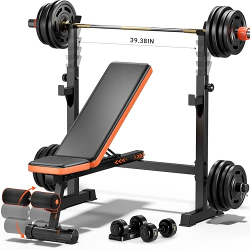 Fostoy 770 lbs Adjustable Weight Bench with Barbell Rack for Home Gym | Flat & Incline Workout Bench Press with Removable Foot Catch, Flat Incline Sit-Up for Full Body Strength Training