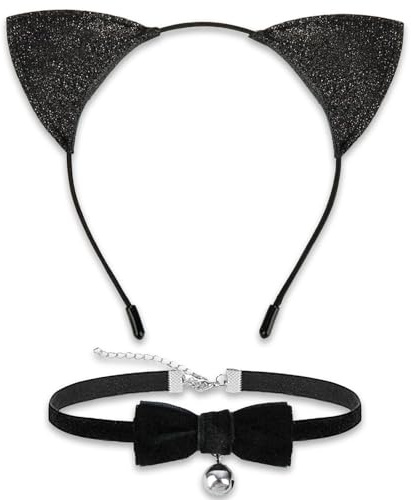 DIELOVEHUA 2 Stück Katze Cosplay Set, Cat Ears Stirnband Glöckchen Halskette, Katzenohren Haarreif, Cat Ears Headband, Katzenohren Haarband, für Frauen Mädchen Karneval Halloween Party Cosplay