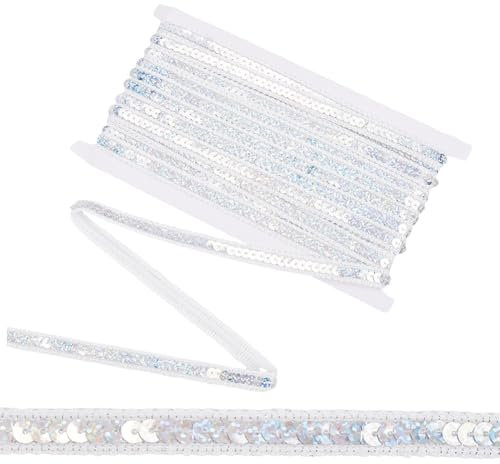 CABODYALS 10 m Weißes Glitzerndes Einreihiges Paillettenband Dehnbare Geflochtene Borte Funkelnde Flache Pailletten Pailletten Mit Perlen Polyester Spitzenbänder Für Hochzeits Party Dekoration Kleidu