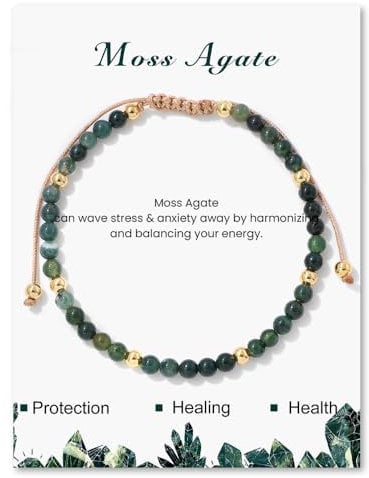 GoPaw Edelstein Perlen Armband für Frauen, 4mm Verstellbare Natursteinarmband Perlenarmband Kristall Naturstein Schmuck Armbänder Damen Yoga Armband für Fraun Mädchen Damen (Moosachat)