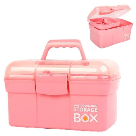 Storage Box with Removable Tray & Lid,Multipurpose Container Small Plastic Art Storage Box with Compartments,Craft Caddy for Sewing,Hobby,Medicine,Fishing,Toys,Stationery,Hair Accessories (Pink)