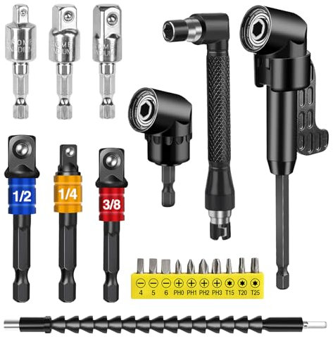HOMIKLSA Kit de 20 pièces d'accessoires d'angle à 105° pour tournevis, accessoire d'angle avec rallonge, accessoires pour tournevis sans fil, arbre flexible pour perceuse angulaire électrique