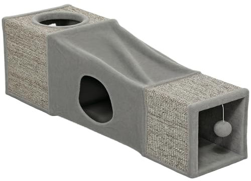 PawHut Katzentunnel, Katzenspielzeug mit Spielball, Katzenhöhle, Faltbarer Spieltunnel aus Sisal, Kombiniertes Design, Braun+Grau, 98 x 30 x 30 cm