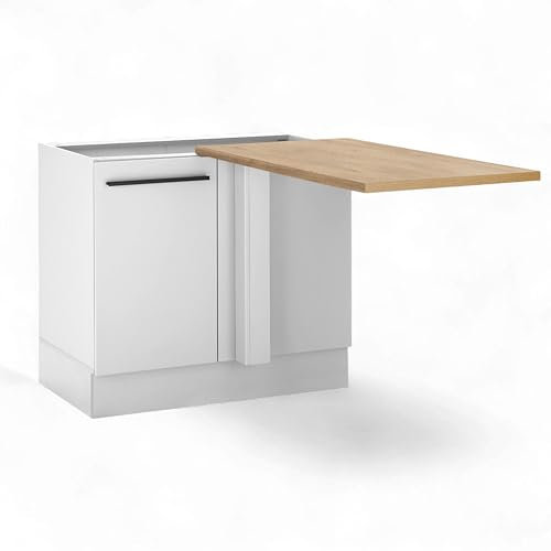 Denver Eckschrank Küche mit Arbeitsplatte in Weiß, Mauvella Eiche Optik - Geräumiger Eck-Unterschrank mit viel Stauraum - 112 x 90 x 60 cm (B/H/T)