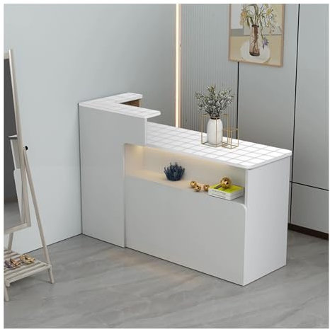 QWEASDF Moderner Verkaufstresen, Verkaufstheke Vorderer Tresen mit abschließbaren Schubladen Rezeptionstheken, Empfangstheke, Mit LED-Licht，Kreatives Front-Stauraumdesign(B5,L39.3in)