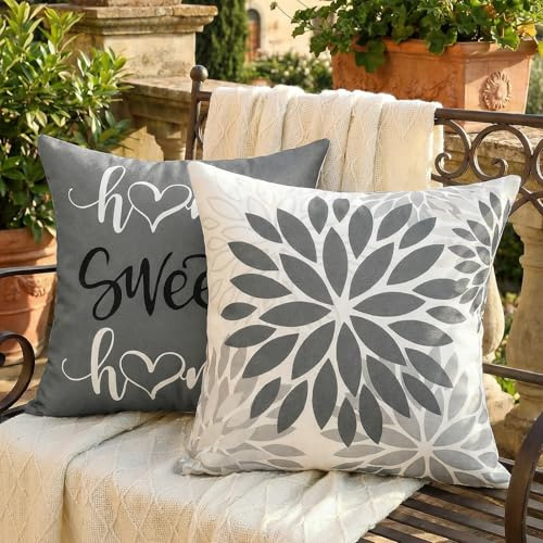 AwzyGous Kissenbezüge Grau Modern Dahlien Blumen Kissenbezug 40x40 Sofakissen Zierkissen Couchkissen Dekokissen Deko für Sofa Couch Wohnzimmer Balkon Terrasse Schlafzimmer Außenbereich Deko 2er Set
