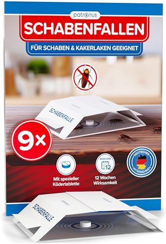Patronus Schabenfalle [9 Stück] mit effektiven & giftfreien Ködertabletten, Starke Monitoring-Klebefalle, Kakerlakenfalle zur Befallsermittlung von Küchen-Schaben & Kakerlaken in Allen Wohnräumen