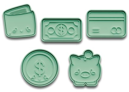 Keksausstecher Set Geld – 5er Set, Zweiteilig mit Prägung – PLA Ausstechformen mit Geldbörse, Geldschein, Kreditkarte, Münze & Sparschwein – Geschenkidee für Banker, Finanzfans & Sparfüchse