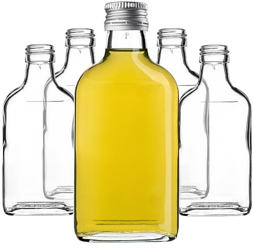 KADAX Flachmann 200ml, 5 Stück, kleine Glasflaschen mit Schraubverschluss, Fläschchen, leere Flaschen zum Befüllen, mini Likörflaschen, Schnapsflaschen (Silber)
