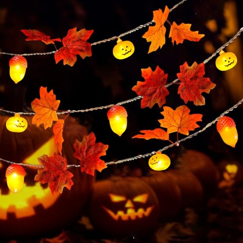 YeahBoom Autumn Fairy Lights, 1.5 m 10 LED Maple Leaves Fairy Lights, Battery Operated, Pumpkin Maple Leaves Acorn, Autumn Maple Leaf Pumpkins Fairy Lights for Indoor Outdoor Thanksgiving Halloween