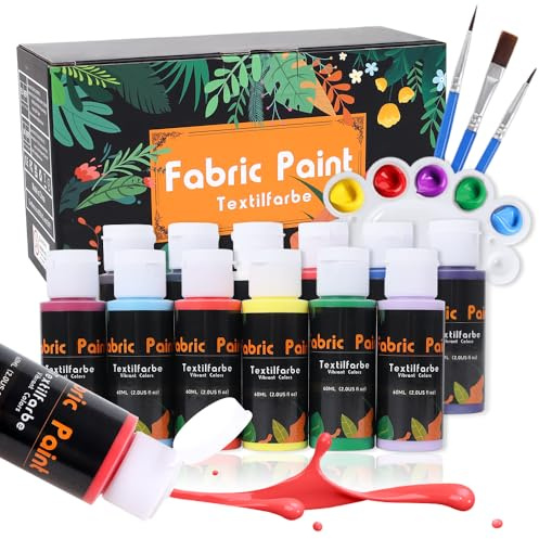 Permanent Fabric Paint for Clothes - Textile Paint Set Wash-Resistant for T-Shirts, Jeans, Bags, Shoes & DIY Crafts (12x60ml)