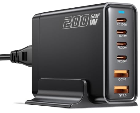 200W USB Charger Station, 6-in-1 GaN III USB C Power Adapter, Laptop & Phone Fast Charger Plug, Compatible with MacBook Pro/Air, iPad, iPhone17/16/15/14, Samsung, Xiaomi, Steam Deck