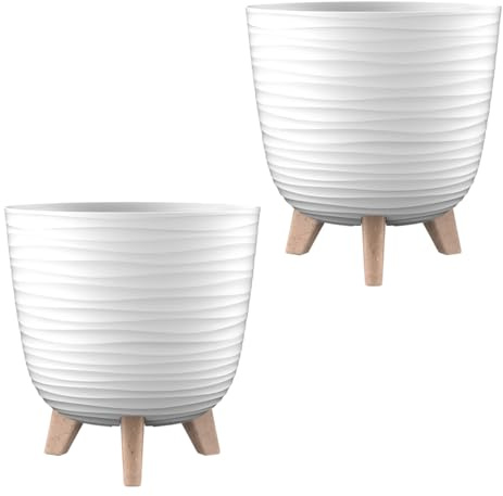 Engelland - 2 x Blumentopf mit Füßen & Bewässerungssystem, Weiß, Ø 20 cm, Pflanzkübel, Übertopf, Wellenmuster, Innen- & Außenbereich, Drainagesystem & Wasserspeicher, rund, Kunststoff